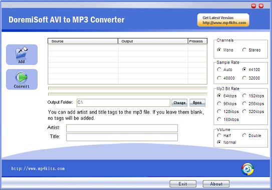 Interface of Free AVI to MP3 Converter